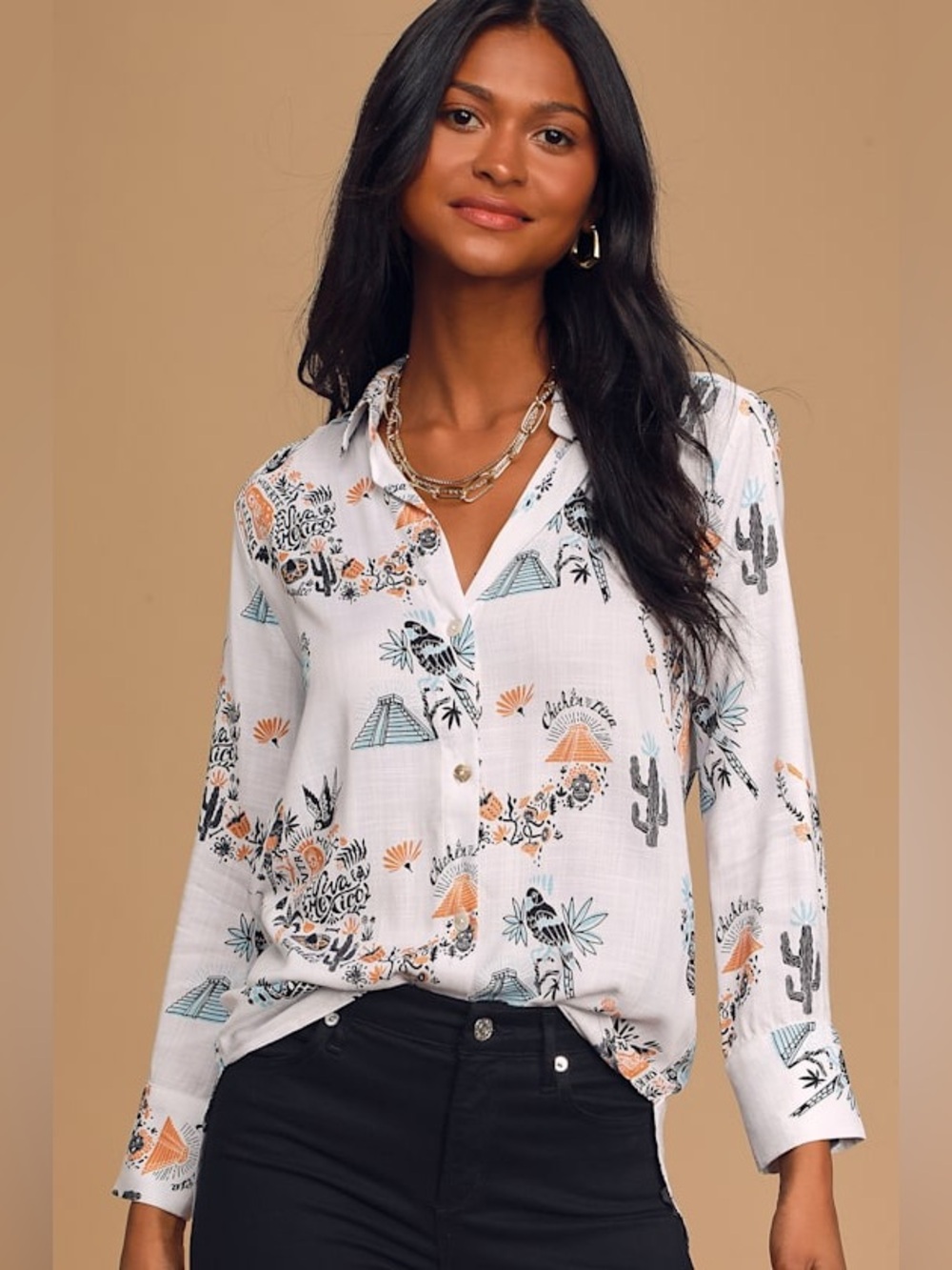 Charlie Holiday women’s White Floral & Skull Printed Button-Up Shirt